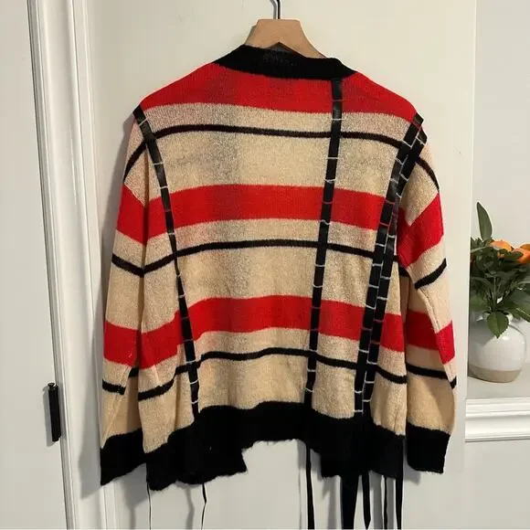 3.1 Phillip Lim Red Black Ribbon Mohair Cardigan Sweater Medium